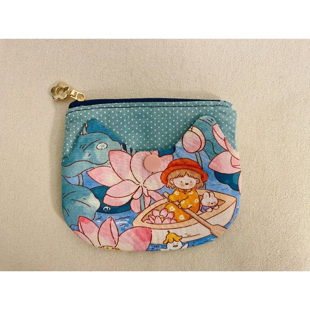 Kitty shape Pouch, Organizer Bag, Cute lotus girl Print, Gift for Cat Lovers